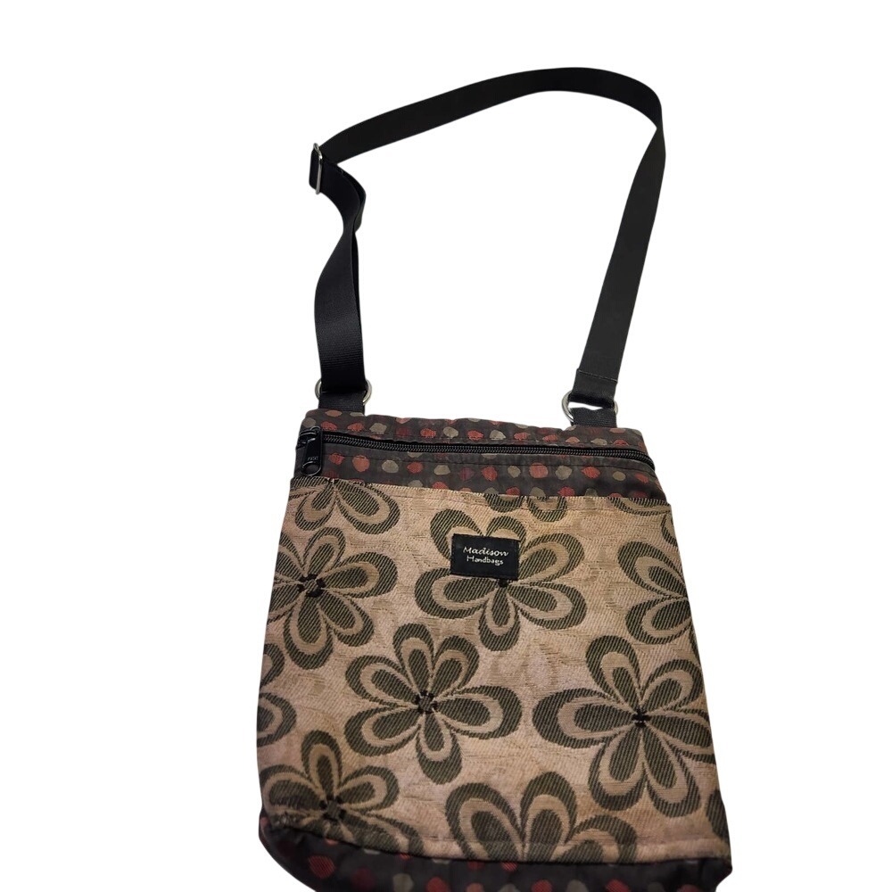Madison Handbags Crossbody Bag Floral Tapestry Polka Dot Mixed Print Brown